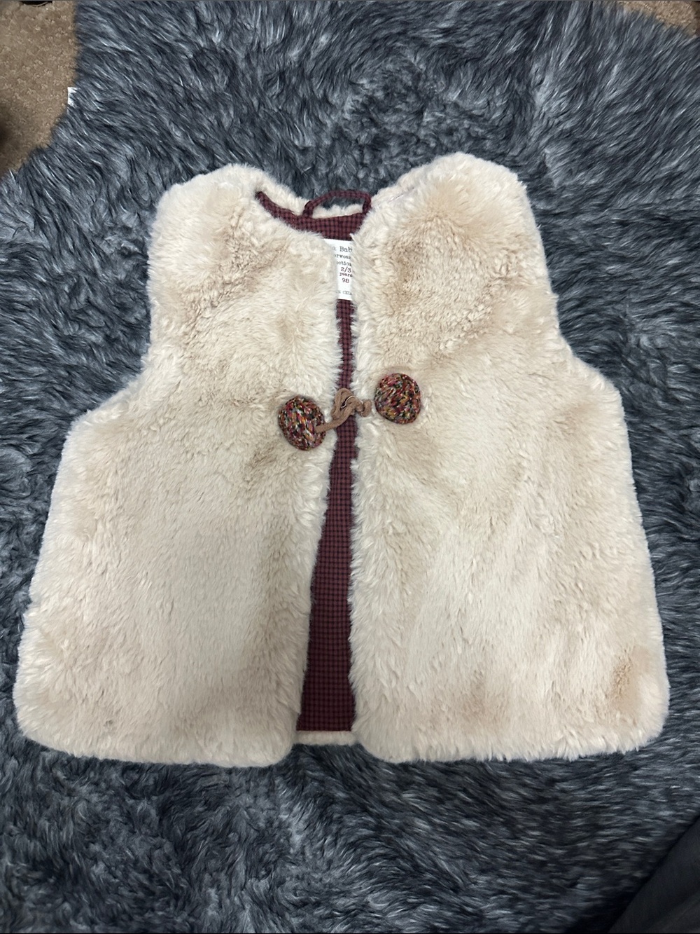 Zara Cream Faux Fur Vest with Burgundy Trim